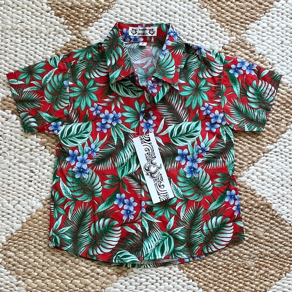 NWT L’Homme de Tahiti Red, Green & Blue Botanical “Hawaiian”Shirt - Size 2T
